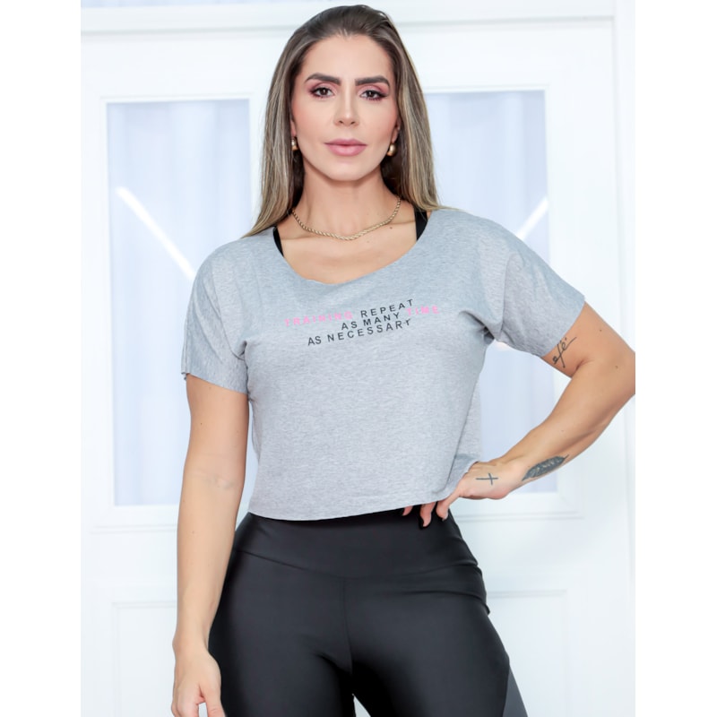Cropped T-Shirt Para Academia com Mangas e Estampa - TRAINING REPEAT