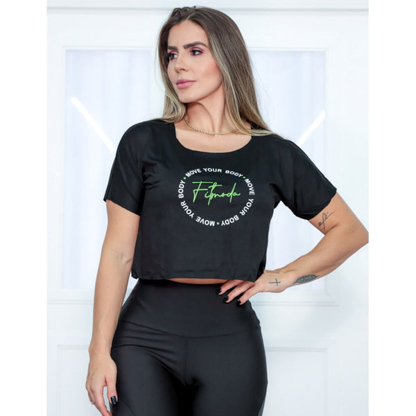 Cropped Feminino T-Shirt com Manguinhas e Estampa Academia - MOVE YOUR BODY