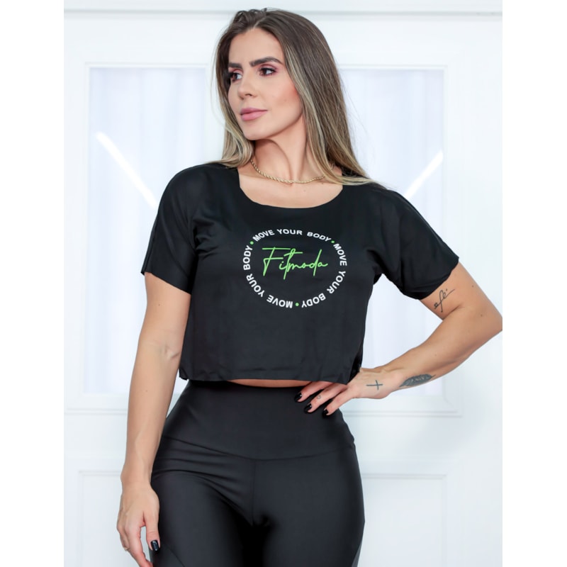 Cropped Feminino T-Shirt com Manguinhas e Estampa Academia - MOVE YOUR BODY