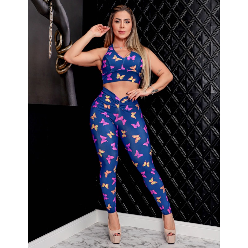 Conjunto Feminino Empina Bumbum Cropped de Academia com Bojo Removível e Calça Legging