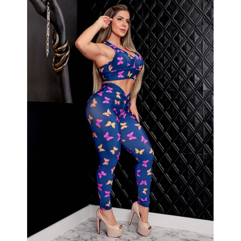 Conjunto Feminino Empina Bumbum Cropped de Academia com Bojo Removível e Calça Legging