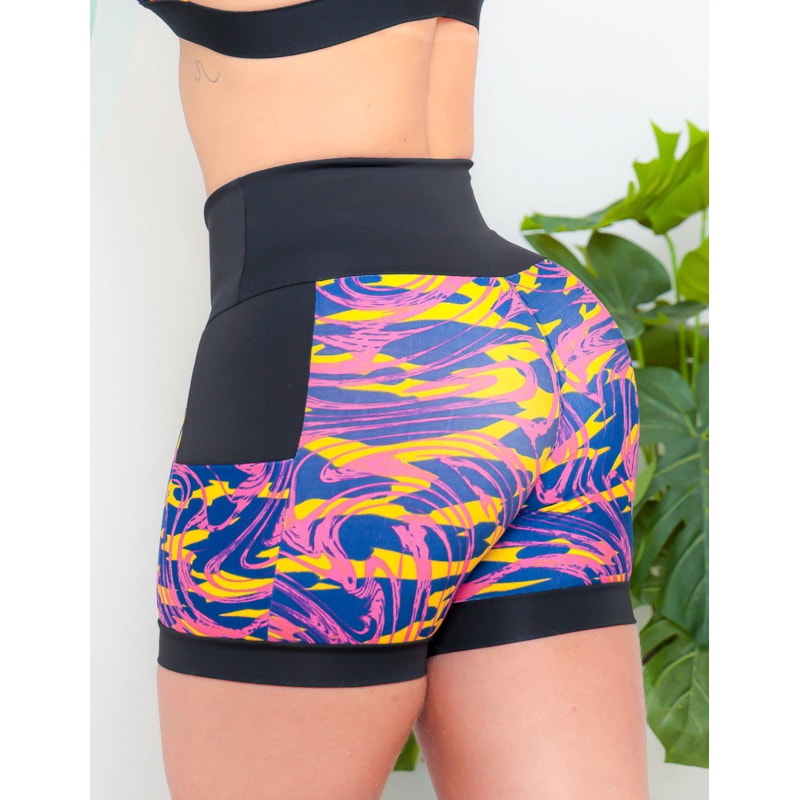 Shortinho Feminino Academia Fitness Estampado Cós Alto e Bolsos