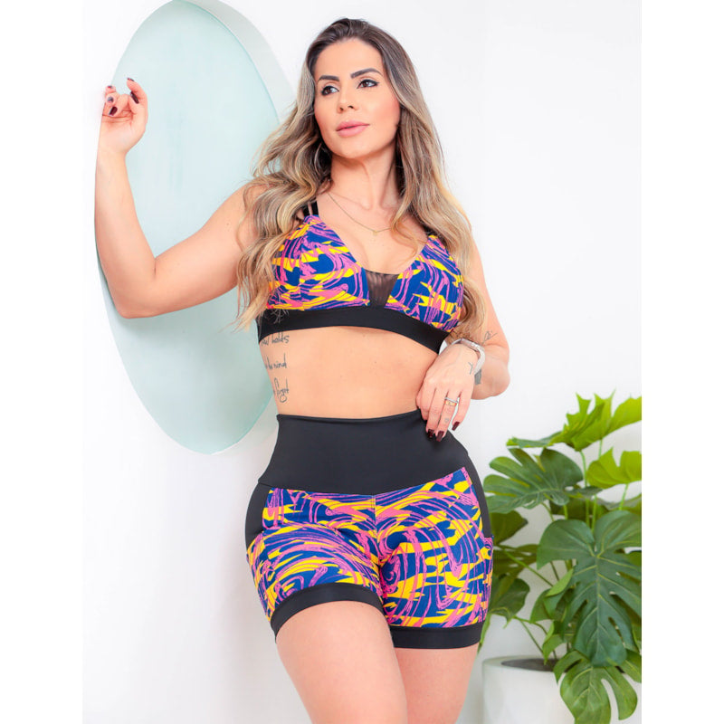 Shortinho Feminino Academia Fitness Estampado Cós Alto e Bolsos