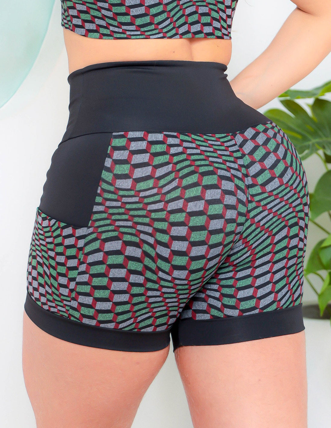 Shortinho Feminino Academia Fitness Estampado Cós Alto e Bolsos