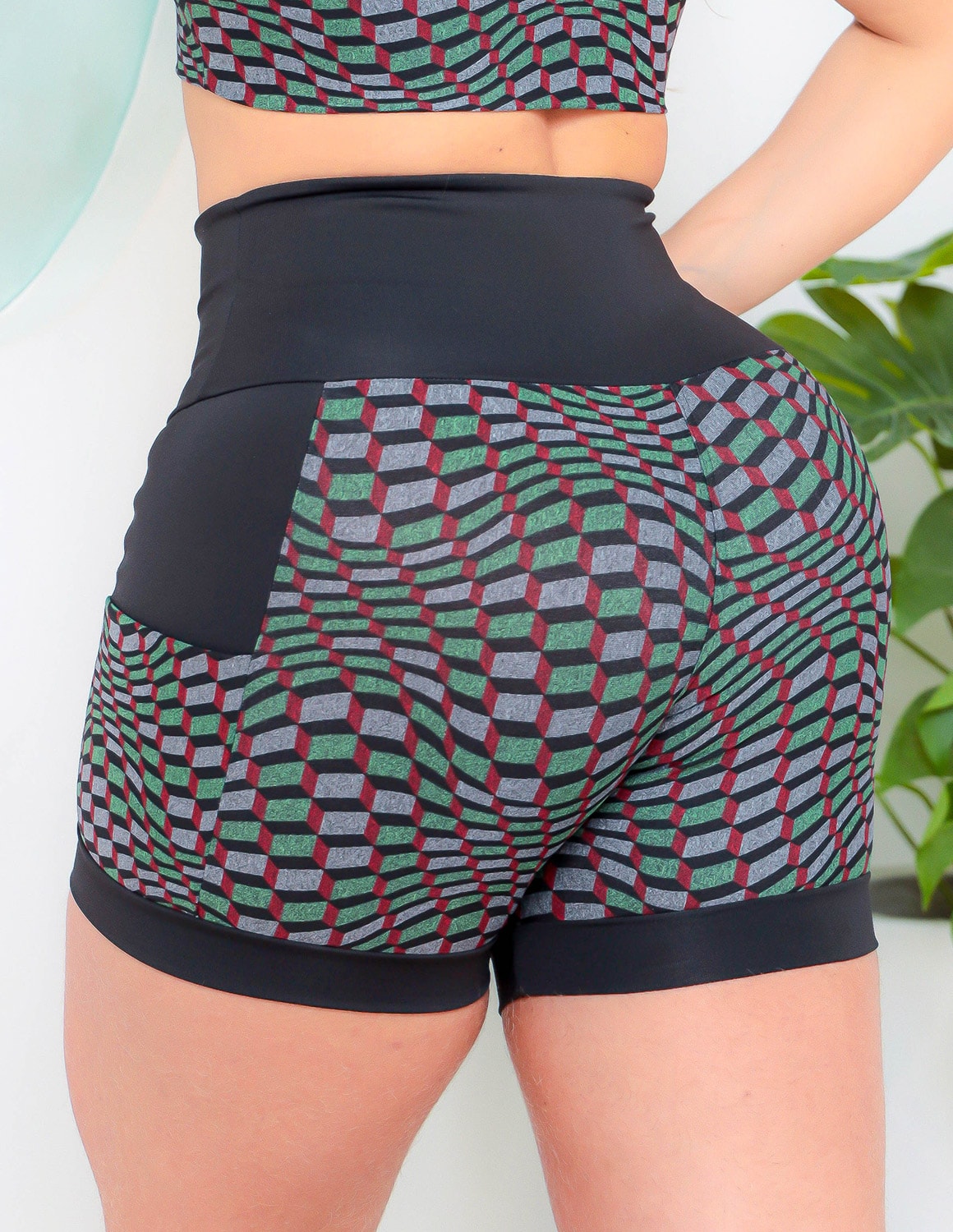 Shortinho Feminino Academia Fitness Estampado Cós Alto e Bolsos