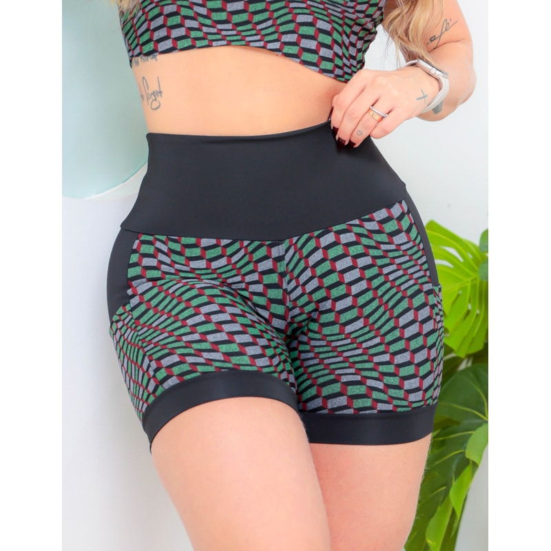Shortinho Feminino Academia Fitness Estampado Cós Alto e Bolsos