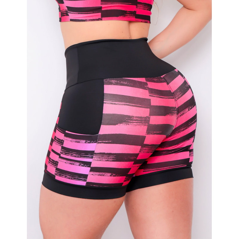 Shortinho Feminino Academia Fitness Estampado Cós Alto e Bolsos