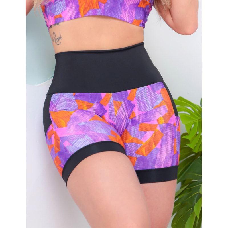 Shortinho Feminino Academia Fitness Estampado Cós Alto e Bolsos