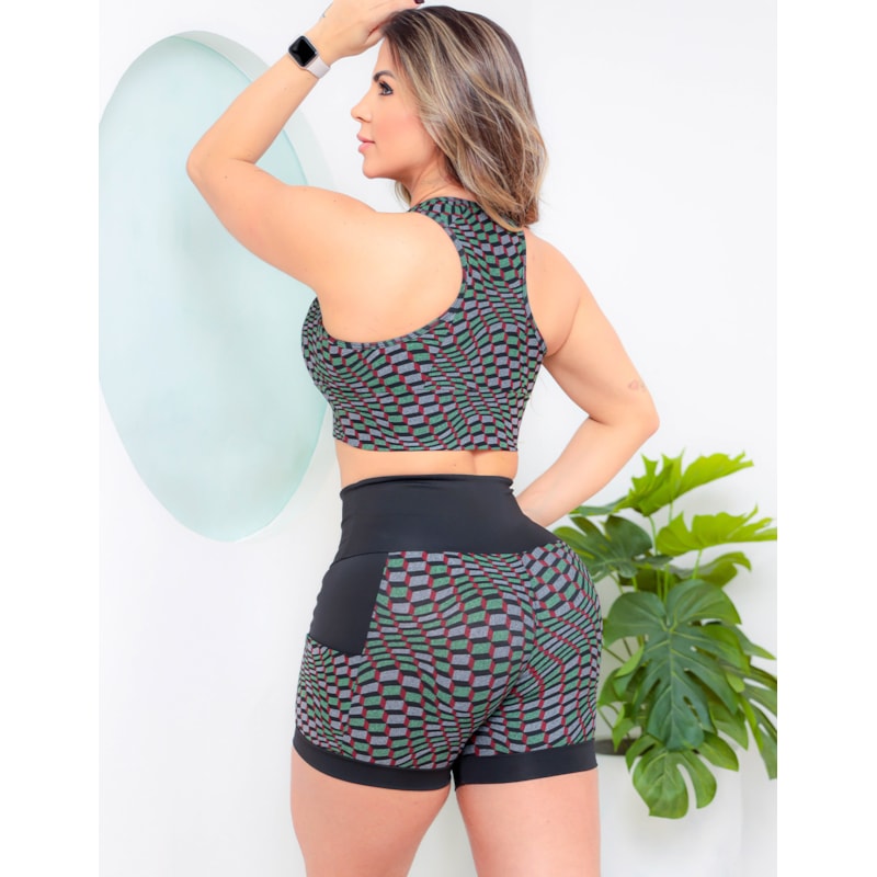 Conjunto Fitness Feminino Short com Bolsos Laterais e Cropped com Bojo Removível