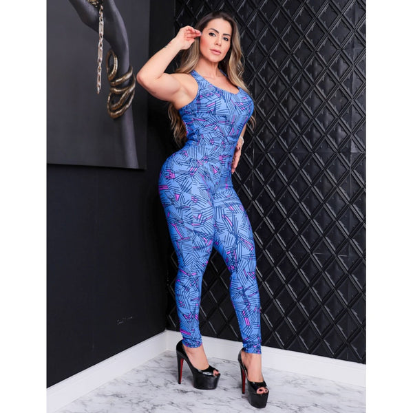 Macacão Longo Estampado com Bojo Removível e Bolsos Laterais Empina Bumbum