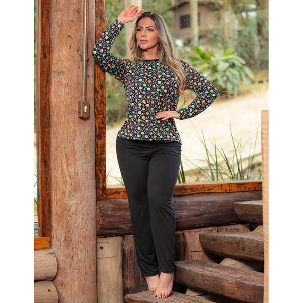 Pijama Feminino Estampado com Blusa Manga Longa e Calça