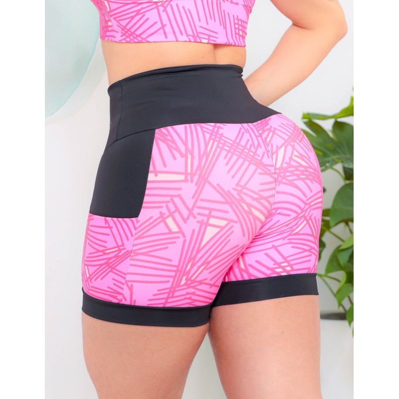 Shortinho Feminino Academia Fitness Estampado Cós Alto e Bolsos