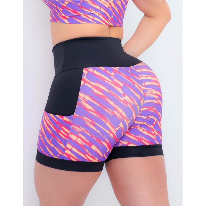 Shortinho Feminino Academia Fitness Estampado Cós Alto e Bolsos