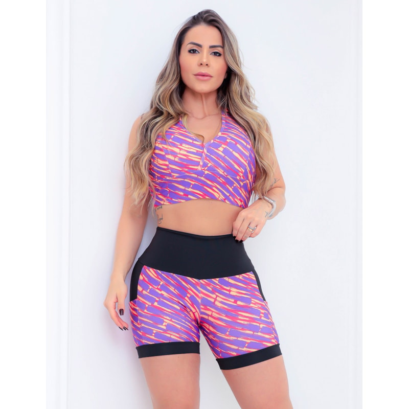 Shortinho Feminino Academia Fitness Estampado Cós Alto e Bolsos
