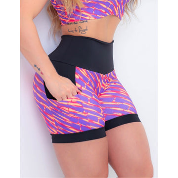 Shortinho Feminino Academia Fitness Estampado Cós Alto e Bolsos