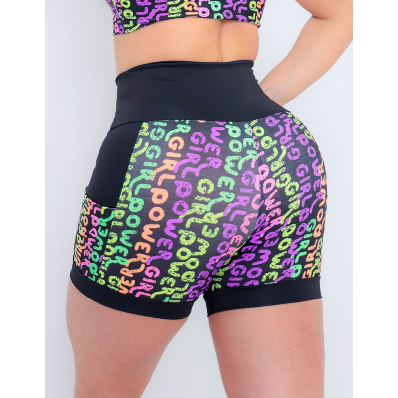 Shortinho Feminino Academia Fitness Estampado Cós Alto e Bolsos
