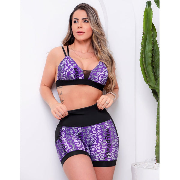 Conjunto Feminino Fitness Estampado Short com Bolsos e Top com Bojo