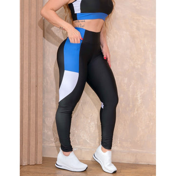 Calça Fitness Feminina com Bolsos e Recorte Colorido nas Laterais