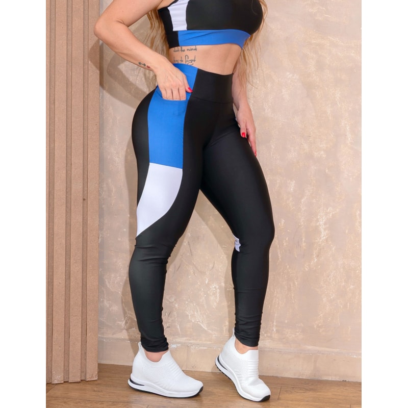 Calça Fitness Feminina com Bolsos e Recorte Colorido nas Laterais