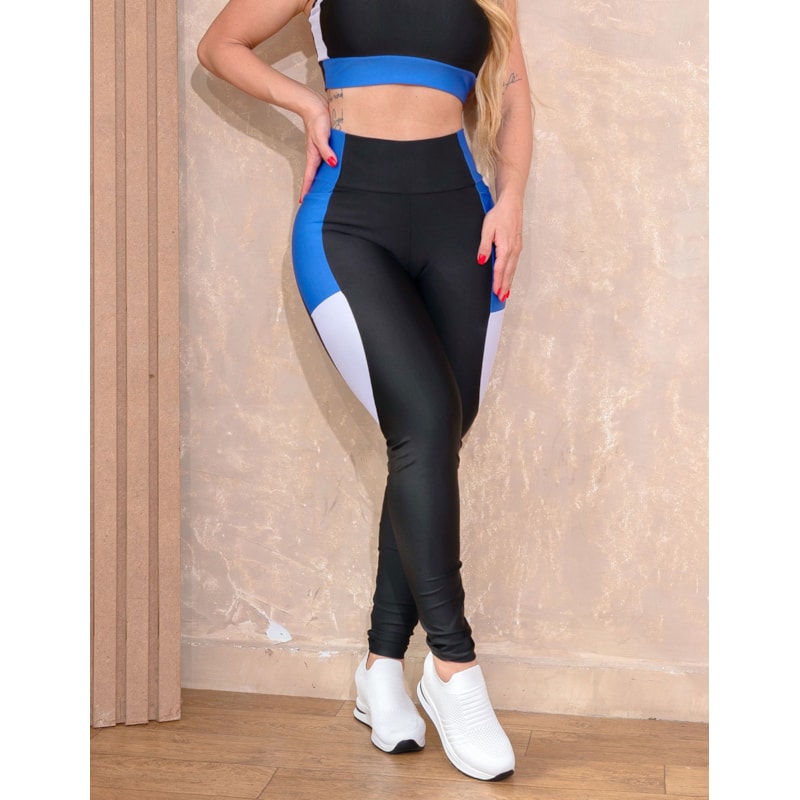 Calça Fitness Feminina com Bolsos e Recorte Colorido nas Laterais