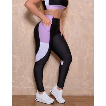 Calça Legging Fitmoda com Bolsos Laterais e Detalhe Colorido Academia