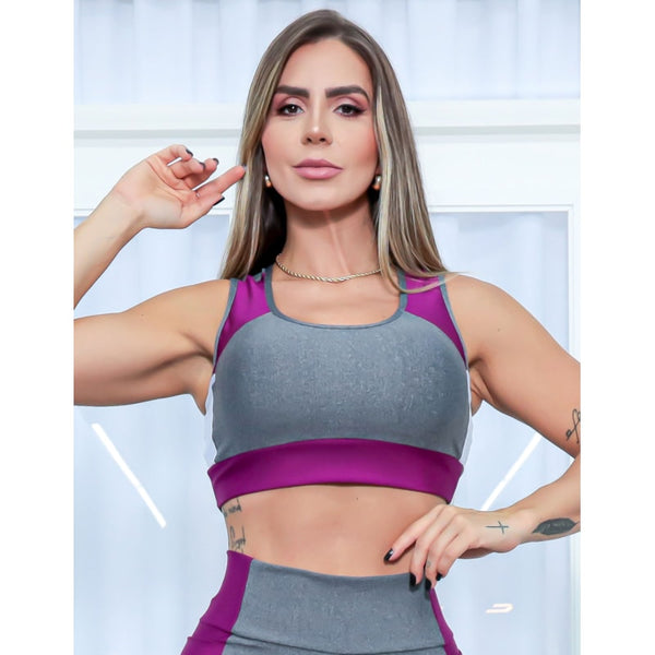 Cropped Feminino sem Bojo com Recorte Colorido Fitness
