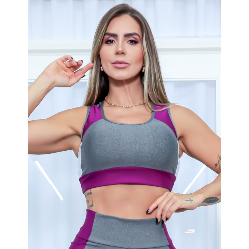 Cropped Feminino sem Bojo com Recorte Colorido Fitness