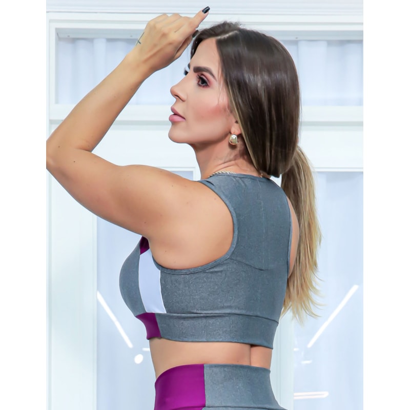 Cropped Feminino sem Bojo com Recorte Colorido Fitness