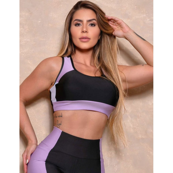 Cropped Fitness com Recorte Colorido sem Bojo