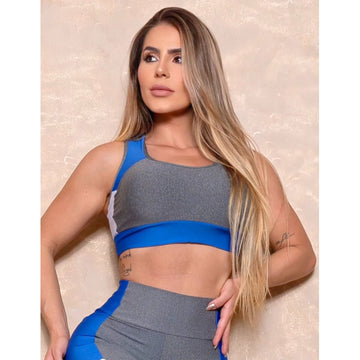 Cropped Fitness Feminino com Recorte Colorido sem Bojo