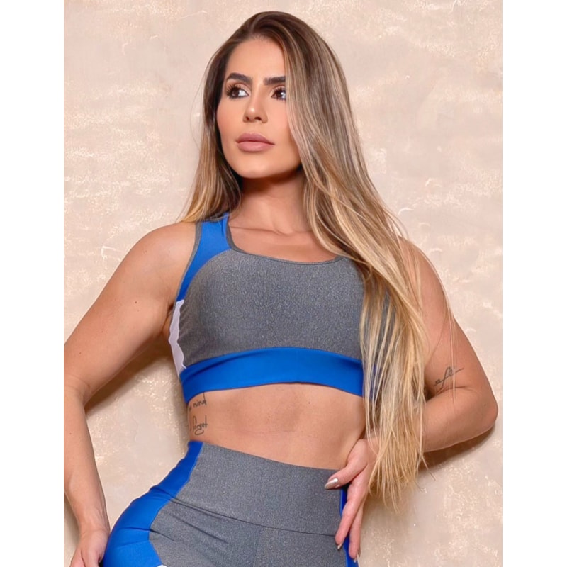 Cropped Fitness Feminino com Recorte Colorido sem Bojo