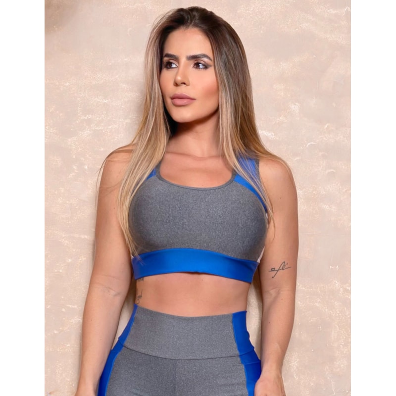 Cropped Fitness Feminino com Recorte Colorido sem Bojo
