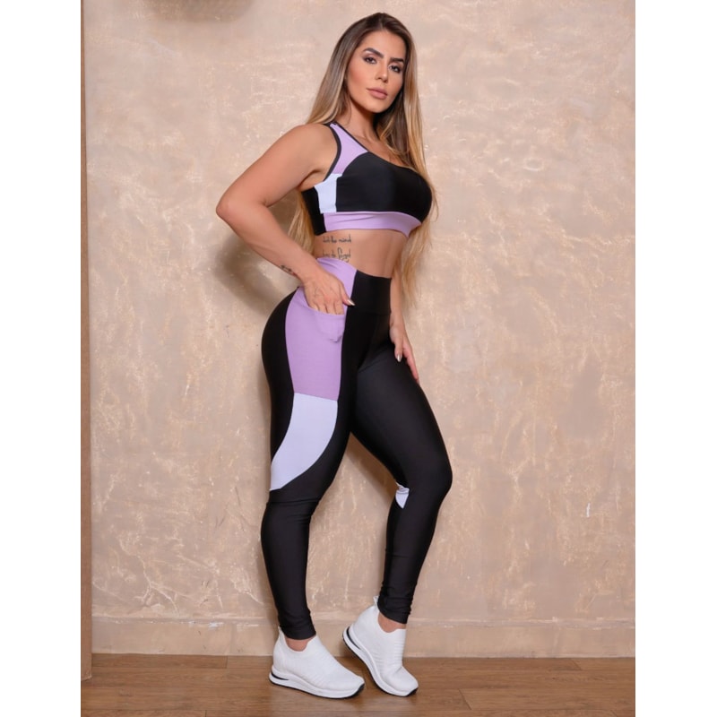 Conjunto Feminino com Cropped e Calça Recorte Colorido para Academia
