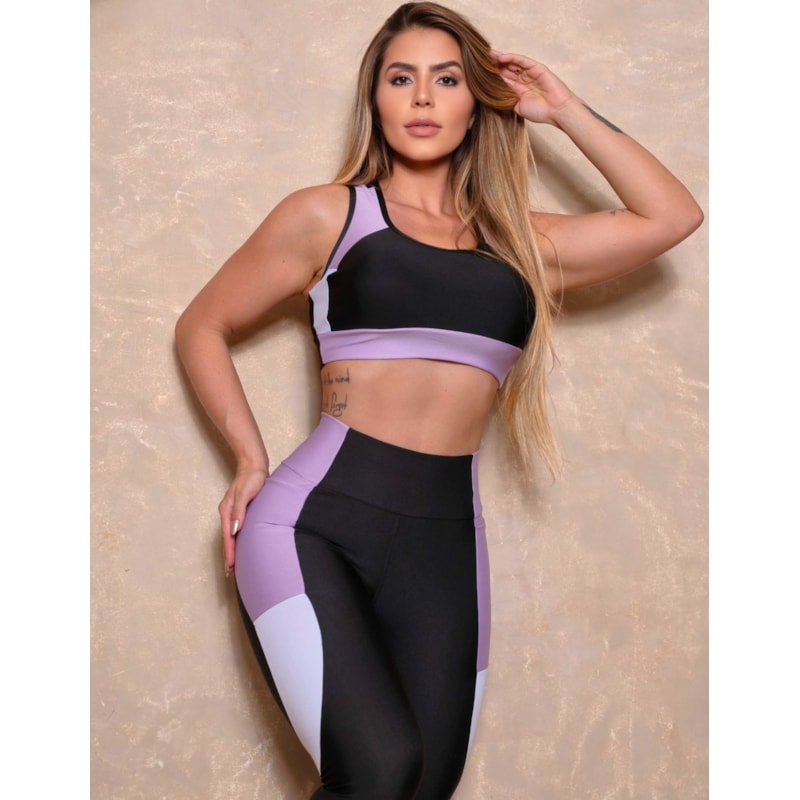 Conjunto Feminino com Cropped e Calça Recorte Colorido para Academia