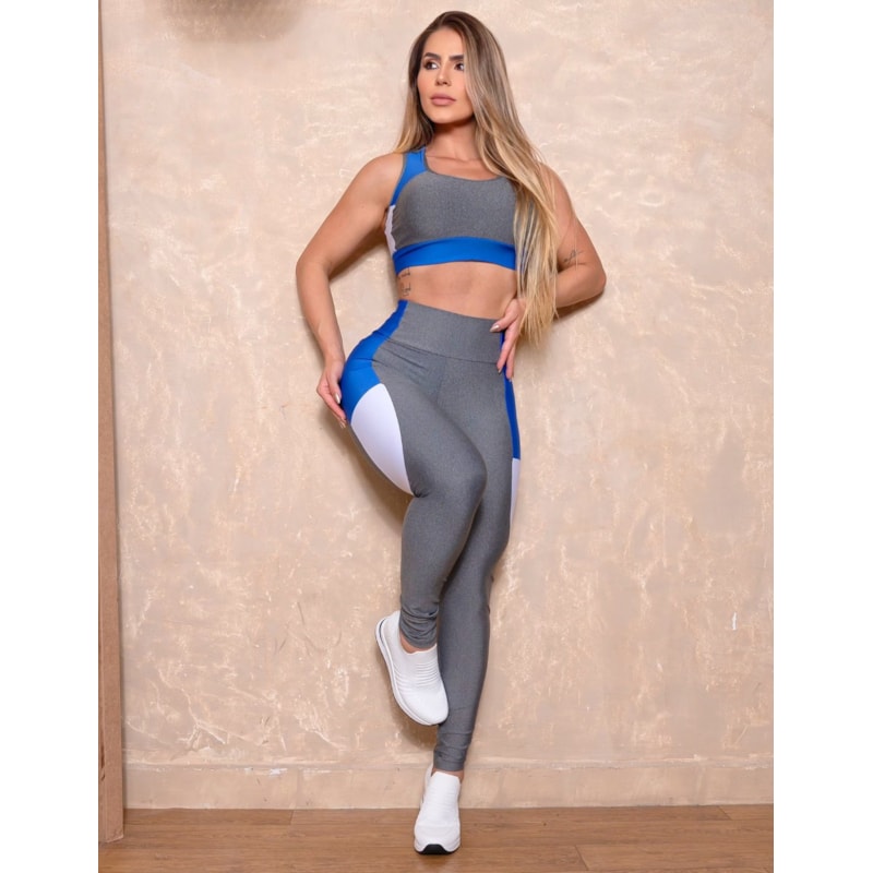 Conjunto Fitness com Cropped + Calça Legging com Recorte Colorido