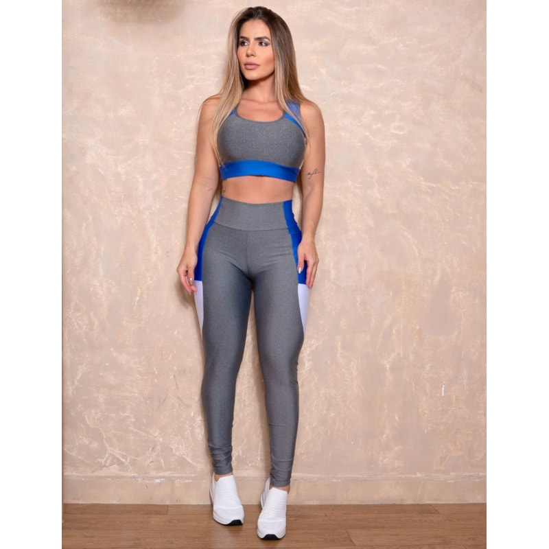 Conjunto Fitness com Cropped + Calça Legging com Recorte Colorido