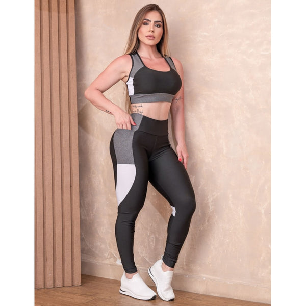Conjunto Fitness Feminino com Cropped e Calça Recortes Colorido