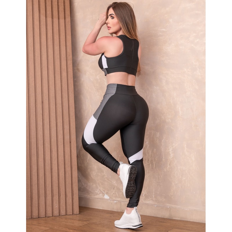 Conjunto Fitness Feminino com Cropped e Calça Recortes Colorido