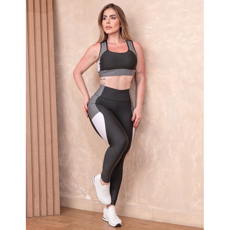 Conjunto Fitness Feminino com Cropped e Calça Recortes Colorido