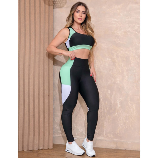 Conjunto Fitness Feminino Recorte Colorido com Calça e Cropped sem Bojo