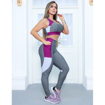 Conjunto Fitness Feminino Recorte Colorido Cropped sem Bojo e Calça