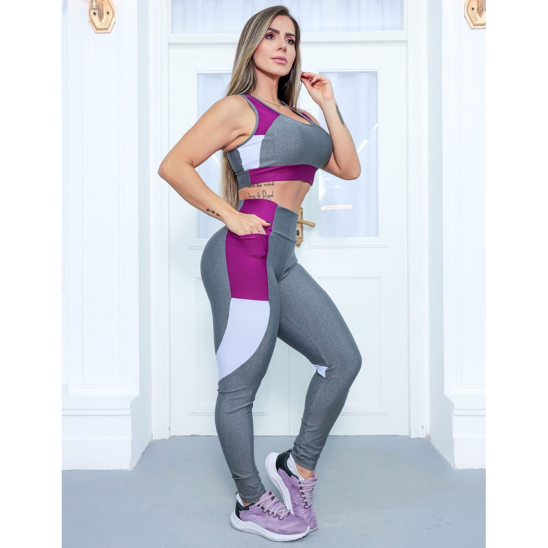 Conjunto Fitness Feminino Recorte Colorido Cropped sem Bojo e Calça