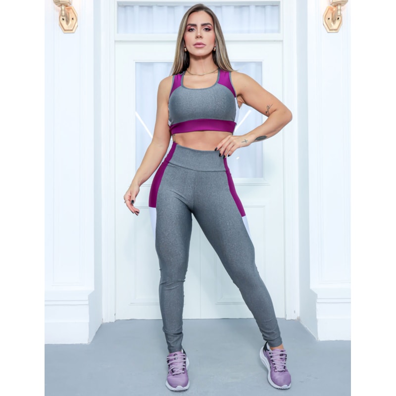 Conjunto Fitness Feminino Recorte Colorido Cropped sem Bojo e Calça