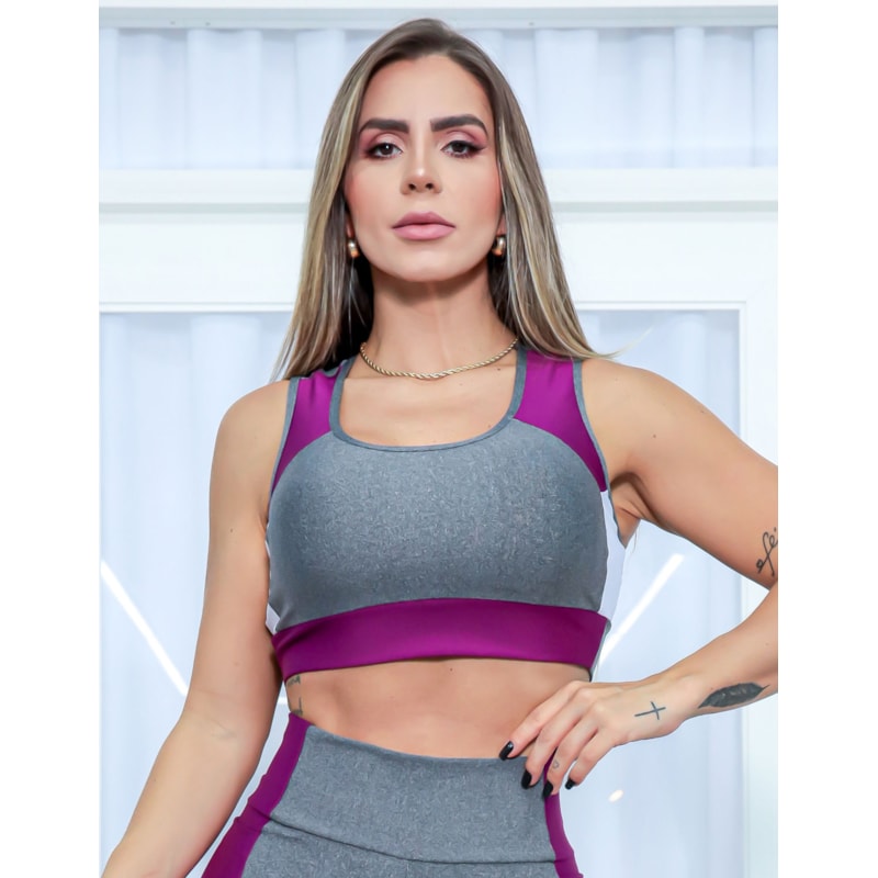 Conjunto Fitness Feminino Recorte Colorido Cropped sem Bojo e Calça