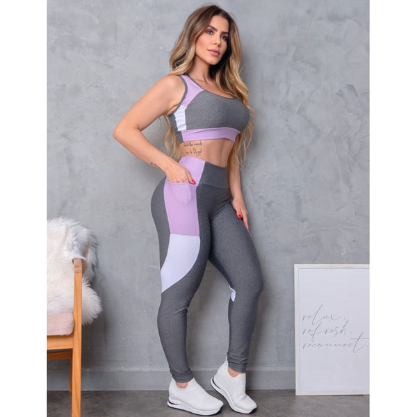 Look Fitness Feminino Fitmoda com Cropped sem Bojo e Calça Legging