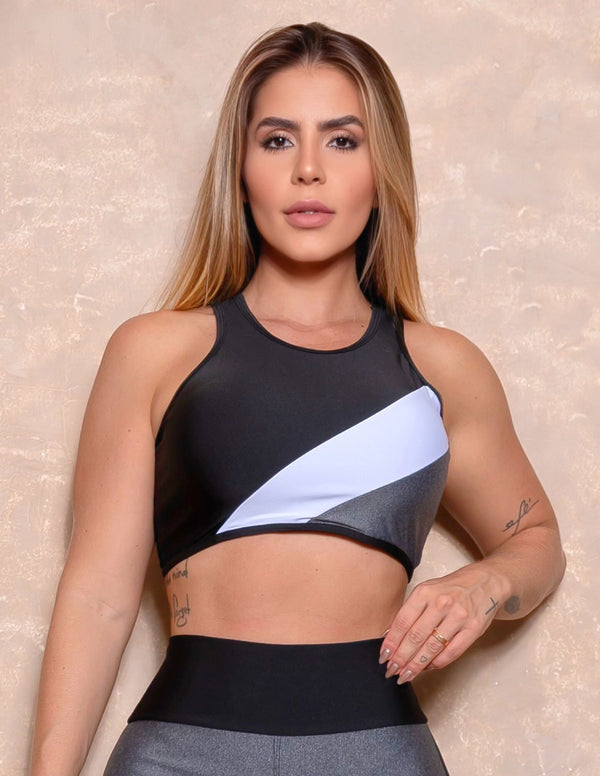 Cropped Feminino com Recorte Colorido sem Bojo Academia
