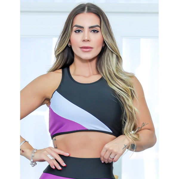 Cropped Feminino Fitness sem Bojo com Recortes Contrastantes