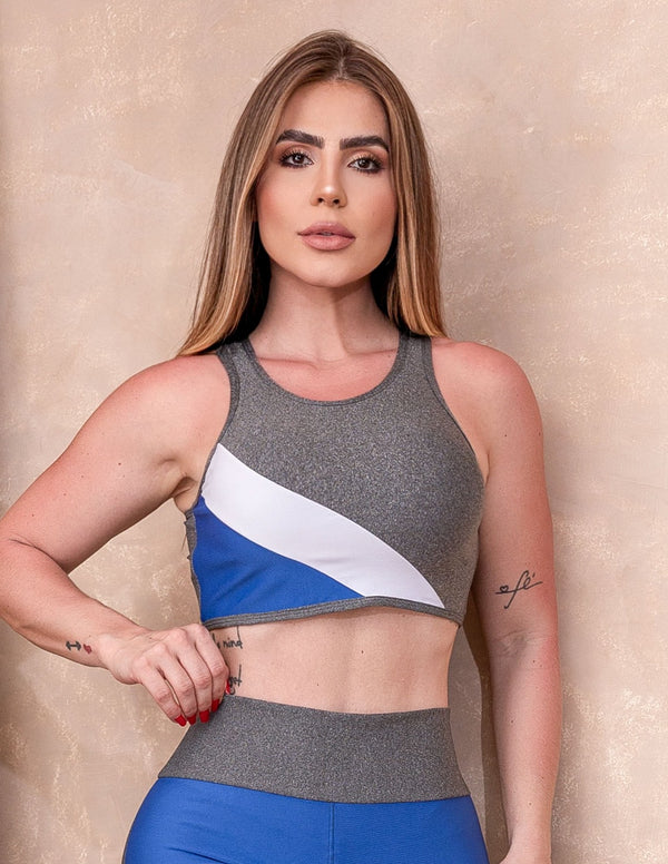 Cropped Feminino sem Bojo com Decote Vazado nas Costas e Recorte Colorido