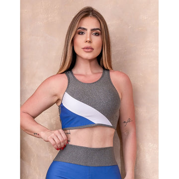 Cropped Feminino sem Bojo com Decote Vazado nas Costas e Recorte Colorido