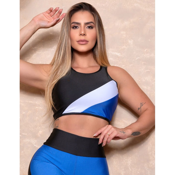 Cropped Fitness Feminino sem Bojo com Recorte Colorido
